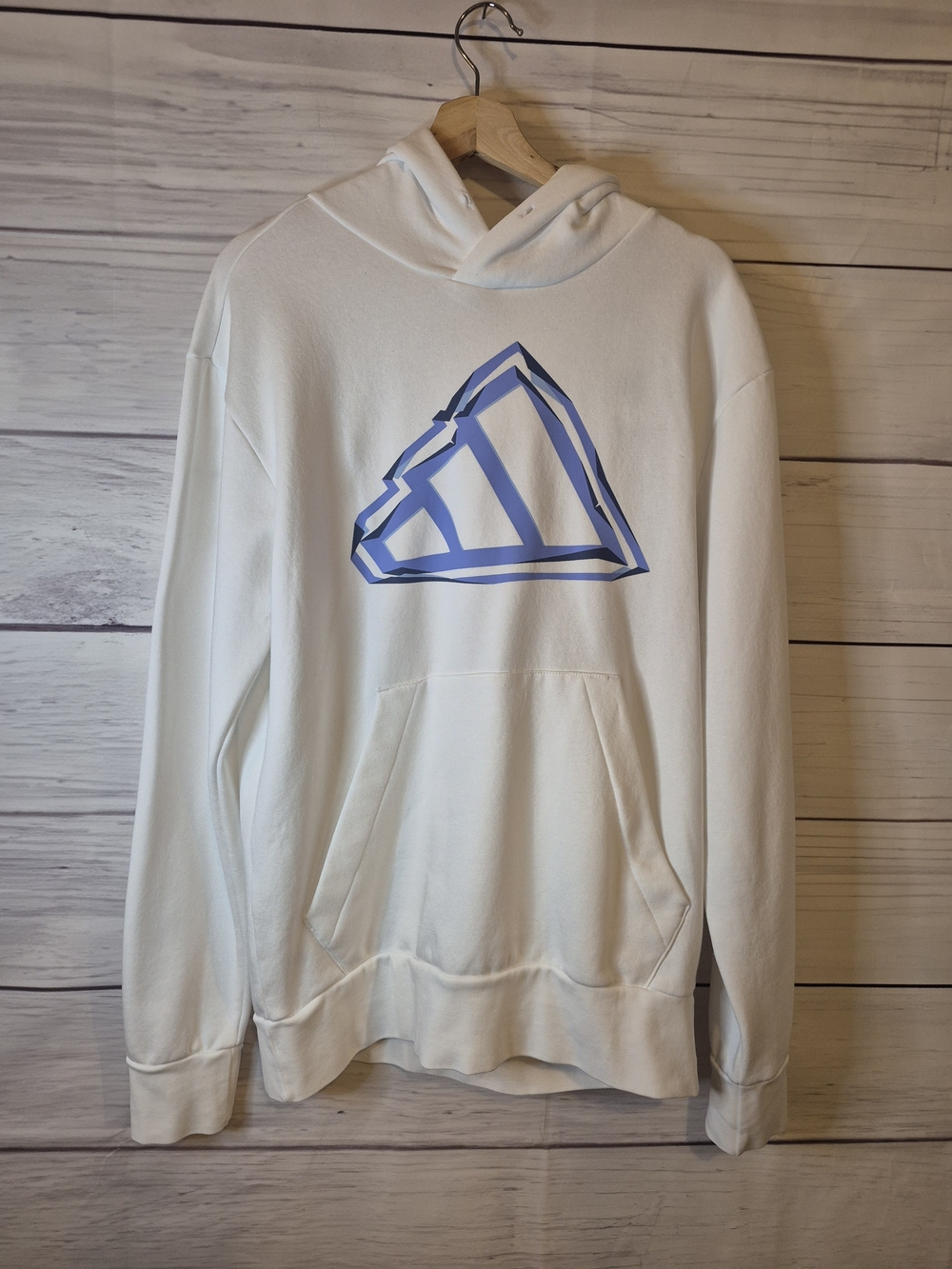 adidas White Hoodie with Blue Graphic Logo - Men's Pullover